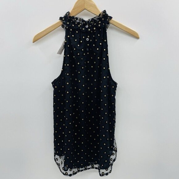 Ann Taylor LOFT Womens Medium Mesh Sheer Sleeveless Gold Dot Blouse in Black 499 - Picture 3 of 7